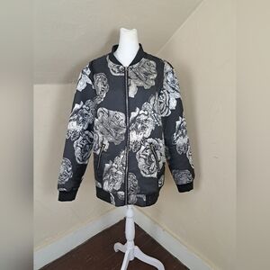 JOGAL Men's Floral Embroidered Satin Bomber Jacket Size M